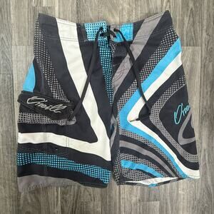 O’Neill Board Shorts Blue Black White Swirl Logo Pocket 22” Outseam Surf